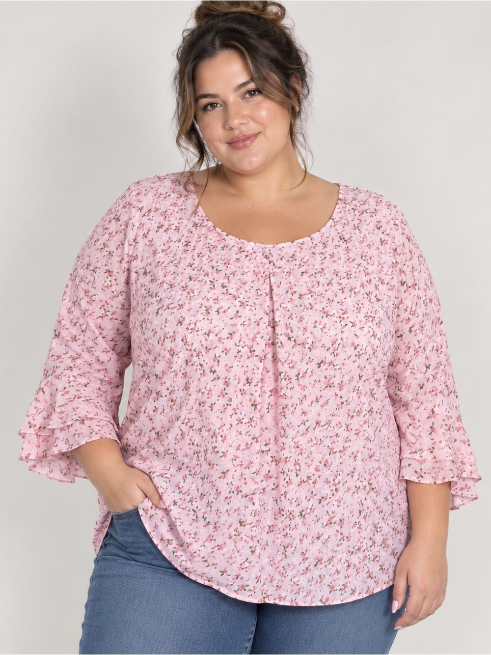 Women's Pink Floral V-Neck Blouse Plus Size